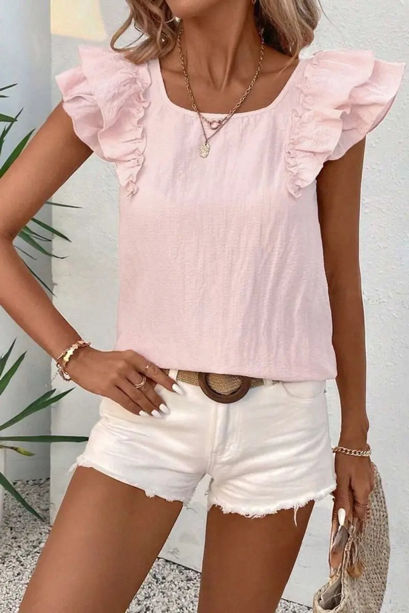 Gossamer Pink Textured Bow Knot Frilled Butterfly Sleeve Blouse - Love Salve